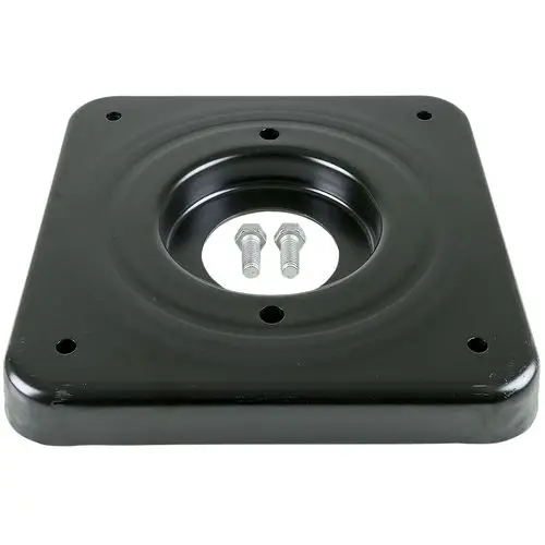 Montageplatte von Grundfos für Trockenläuferpumpen, quadratische Form mit zentralem Loch und zwei fest installierten Bolzen. Oberfläche in Schwarz.