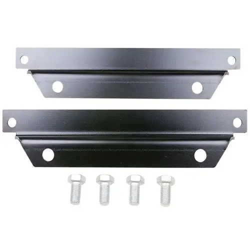 Zwei schwarze Konsolen aus Metall für die Montage mit dazugehörigen Schrauben, kompatibel mit Grundfos Trockenläuferpumpen der TPED-Serie.