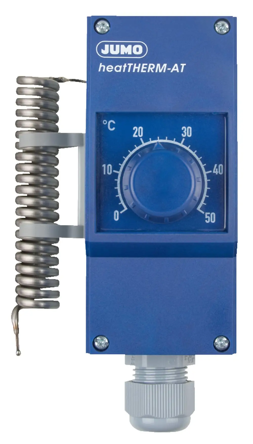 Temperaturwächter in Blau mit analoger Skala bis 50 °C und Einstellungsknopf. Eignet sich als Anlegethermostat. Hergestellt von Danfoss.