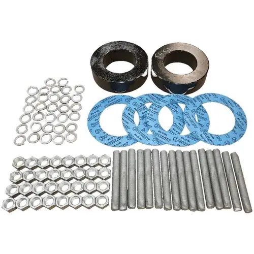 Bausatz von Grundfos mit verschiedenen Teilen: Ringe, Unterlegscheiben, Schrauben und Unterlegscheiben aus Metall, angeordnet auf weißem Hintergrund.