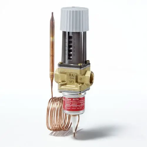 Thermostatischer Temperaturregler von Danfoss mit Einstellknopf und Temperatursonde. Ausgelegt für Heizungsanlagen zur Regelung von Wassertemperaturen.