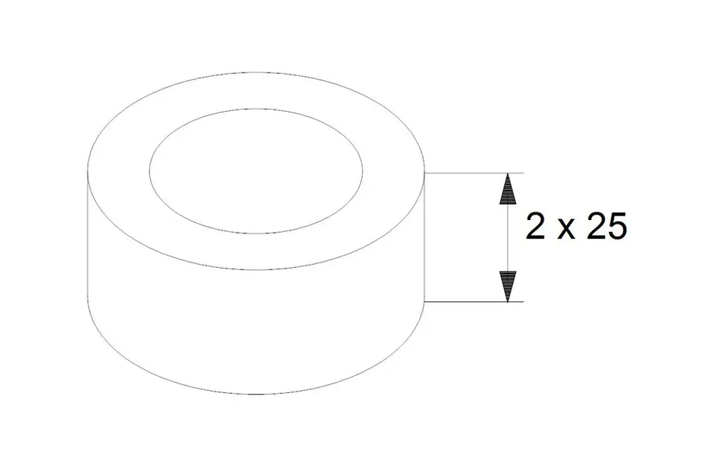 Zylindrisches Bauteil von Grundfos mit zentralem Loch und glatter Oberfläche, dargestellt in einer technischen Zeichnung mit Maßangaben.