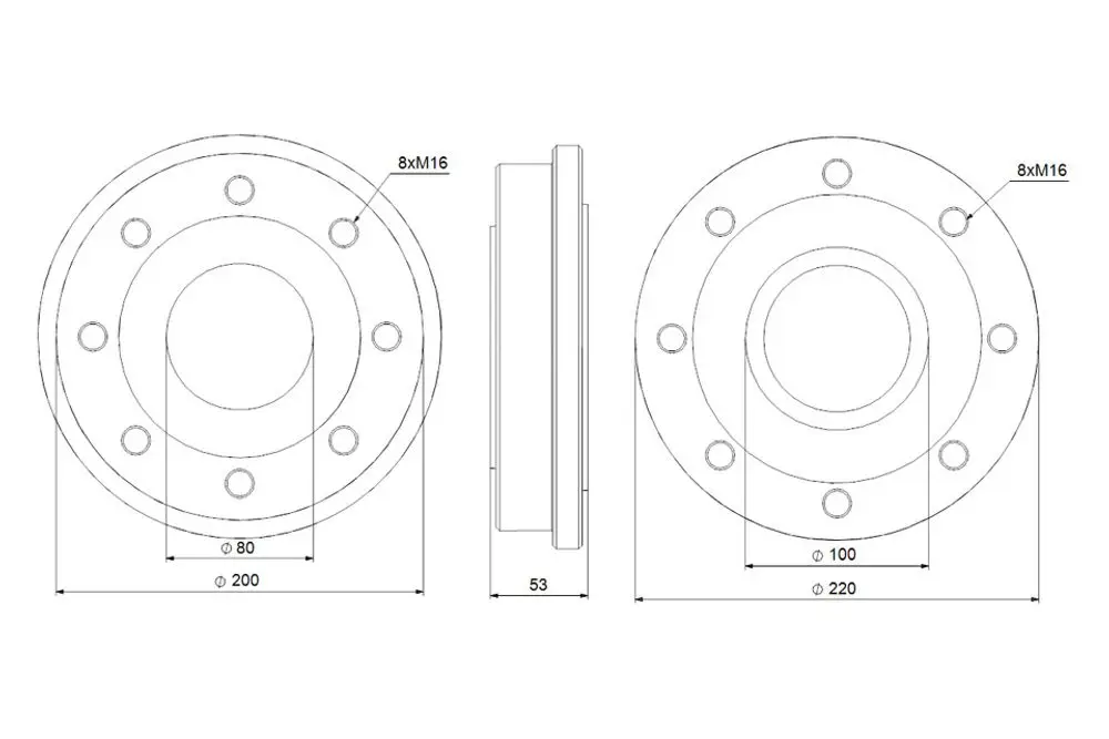Zwei Ansichten eines schematischen Teils, möglicherweise von Grundfos, mit mehreren Löchern und einem zentralen Durchmesser, dargestellt in technischen Zeichnungen.