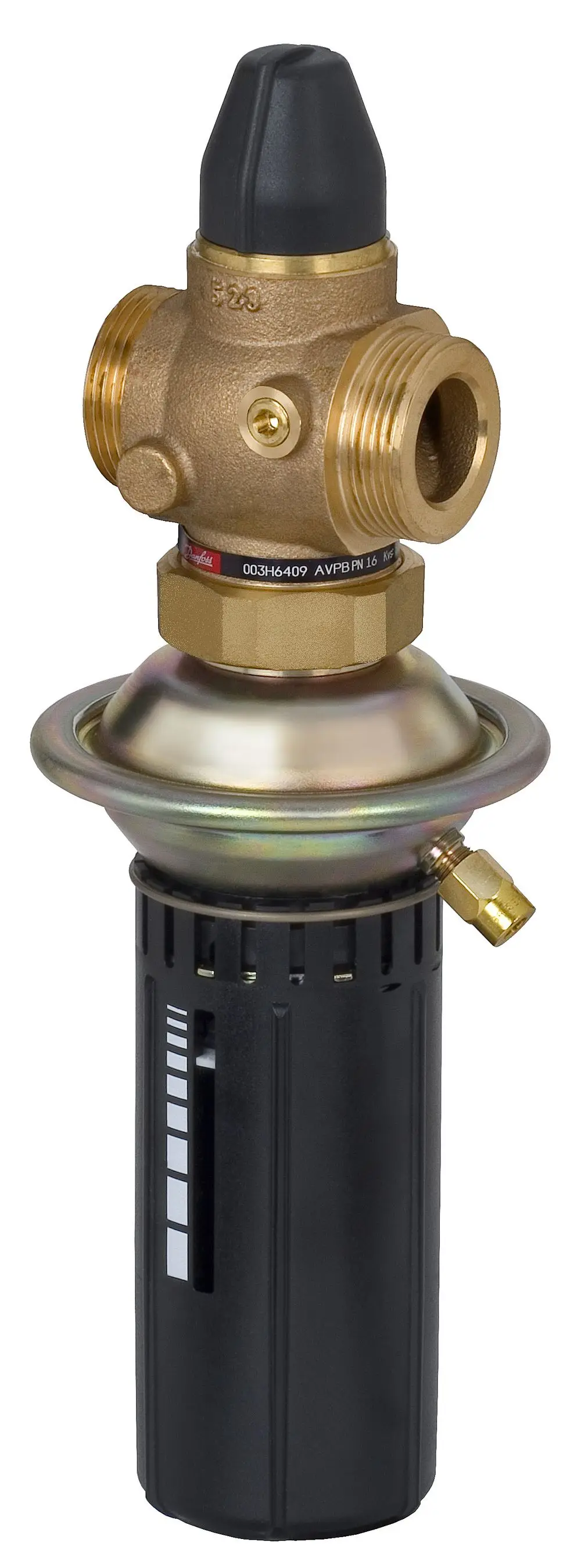 Danfoss-Druckregler mit zwei Anschlüssen, schwarzem Oberteil und einem unteren Körper, geeignet für die Regelung von Druck in Rohrleitungssystemen.