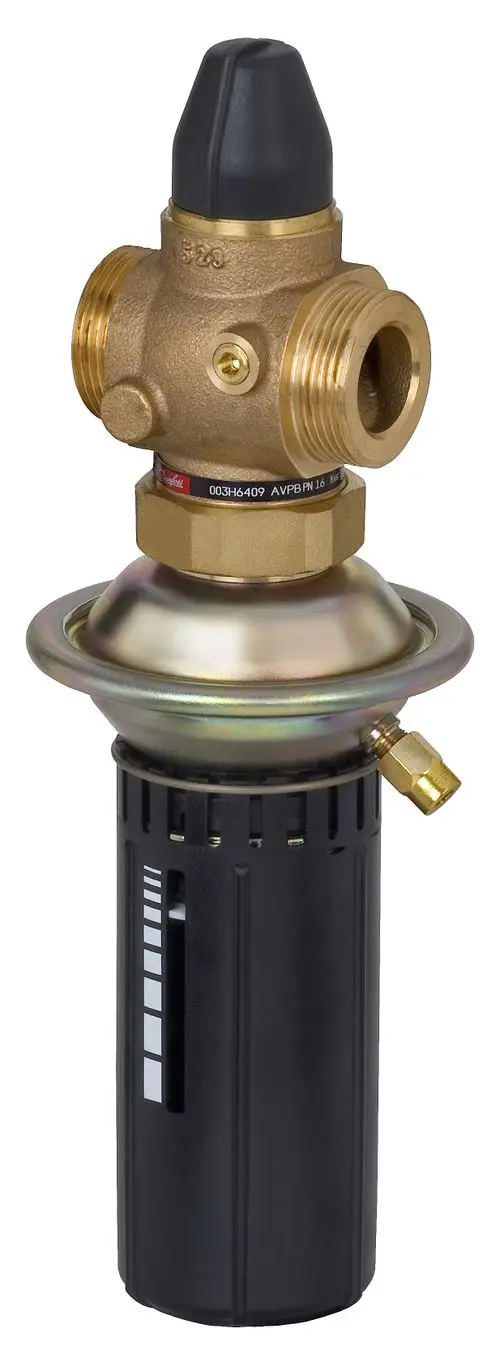 Danfoss-Druckregler mit zwei Anschlüssen, schwarzem Oberteil und einem unteren Körper, geeignet für die Regelung von Druck in Rohrleitungssystemen.