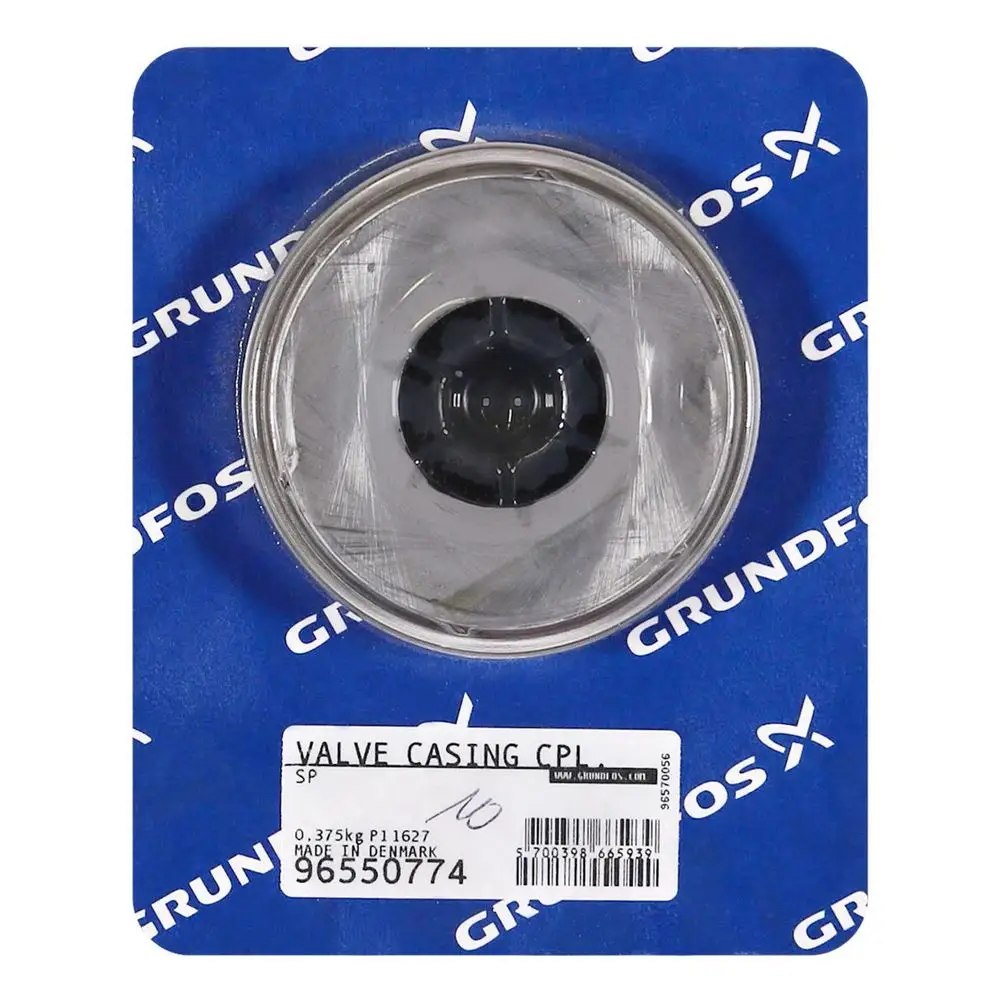Ventilgehäuse von Grundfos in transparenter Verpackung. Auf dem Etikett sind Informationen zum Produkt und zur Herkunft abgedruckt.