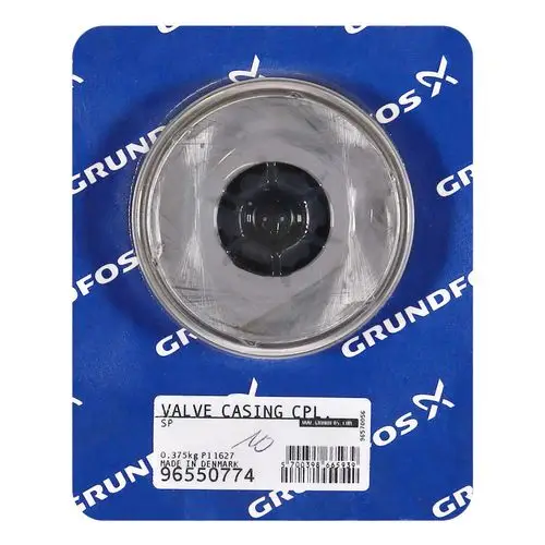 Ventilgehäuse von Grundfos in transparenter Verpackung. Auf dem Etikett sind Informationen zum Produkt und zur Herkunft abgedruckt.
