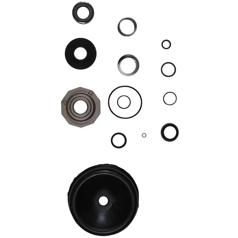 Ersatzteil-Kit von Grundfos mit verschiedenen Dichtungen, O-Ringen und einem großen Dichtelement, angeordnet in einer übersichtlichen Anordnung.