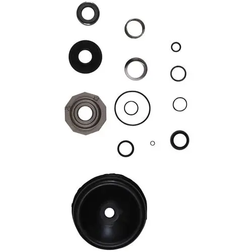 Ersatzteil-Kit von Grundfos mit verschiedenen Dichtungen, O-Ringen und einem großen Dichtelement, angeordnet in einer übersichtlichen Anordnung.