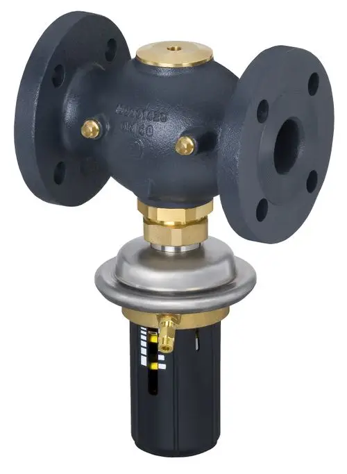 Differenzdruckregler von Danfoss mit Flanschanschlüssen, sichtbare goldene und schwarze Komponenten, zur Druckregelung in hydraulischen Systemen geeignet.