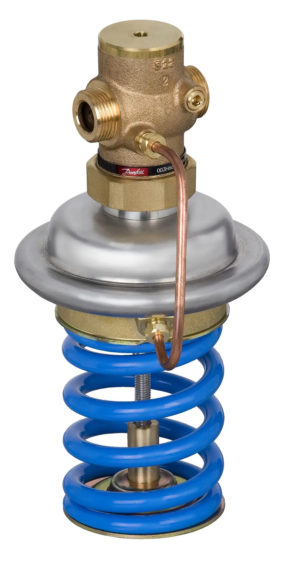 Überströmregler mit einem Metallgehäuse, einer blauen Spiralfeder und mehreren Anschlussleitungen, hergestellt von Danfoss.