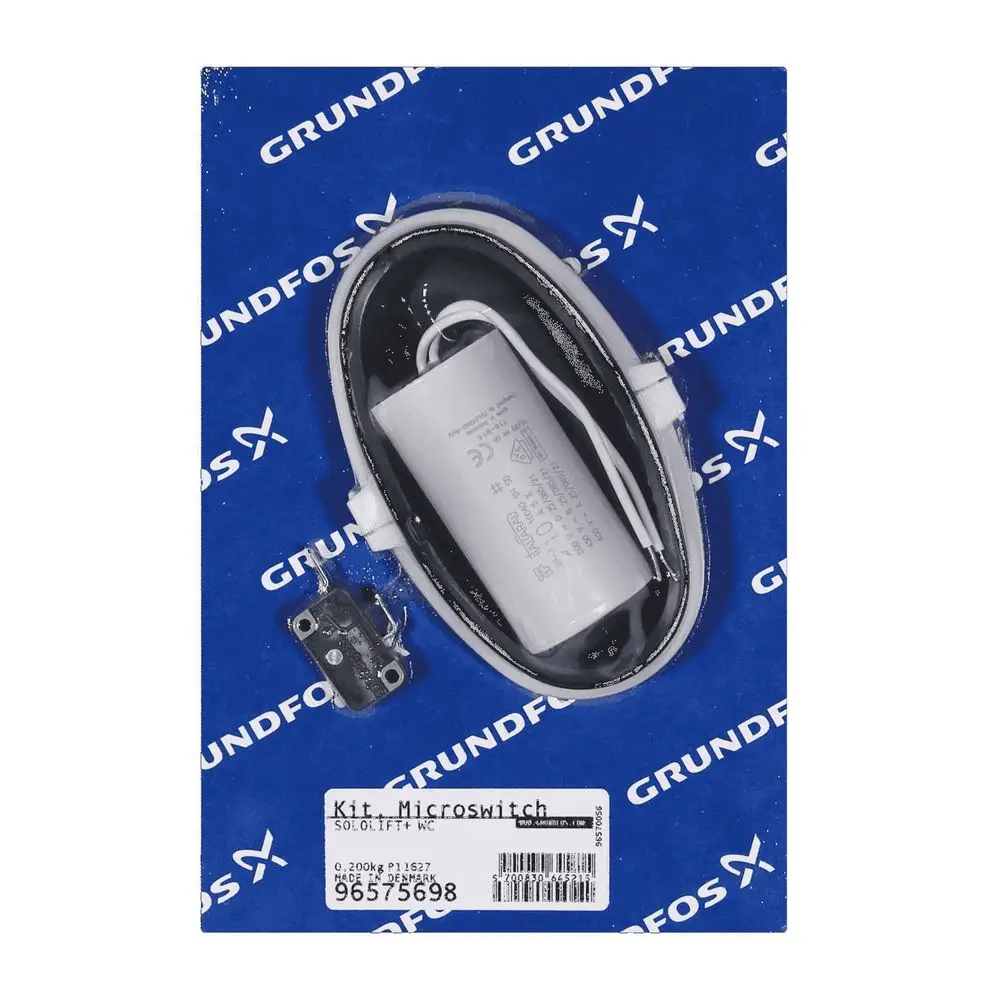Kit mit Microschalter und Kondensator von Grundfos auf blauer Verpackung mit Logo. Verpackt in transparenter Folie, seitlich ein kleiner Microschalter sichtbar.