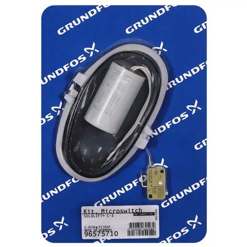 Grundfos Ersatzteilset bestehend aus einem Mikroschalter und einem Kondensator, verpackt auf einer blauen Trägerkarte mit dem Grundfos-Logo.