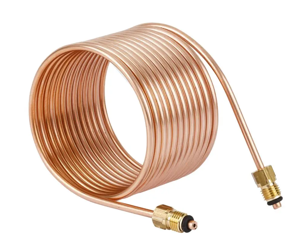 Kupferrohrspirale mit zwei Verbindungselementen, geeignet für Drucksysteme, hergestellt von Danfoss. Ideal für Anwendungen in der Heizungs- und Kühltechnik.