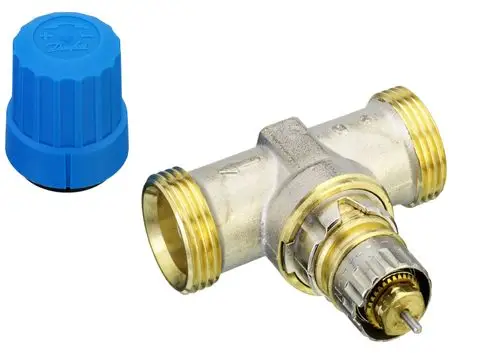 Kühler Heizventil von Danfoss mit zwei angeschlossenen G 3/4 A Gewinde. Bestandteil ist ein blauer Kunststoffdeckel, der zur Abdeckung oder Schutz dient.