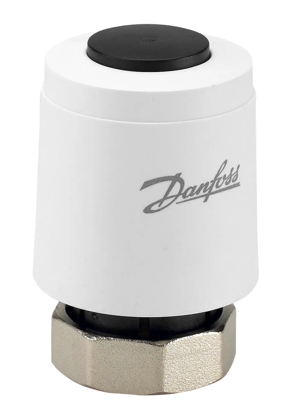 Weißes Thermostatgehäuse mit schwarzem Oberteil und metallischem Anschluss. Gehäuse trägt das Logo von Danfoss.