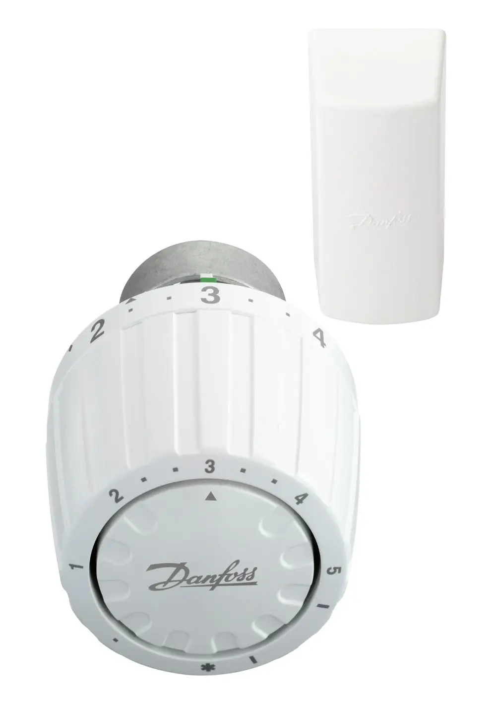 Thermostatventil von Danfoss mit Drehregler und einer Skala zur Temperatureinstellung, daneben ein Fernfühler in weißer Gehäuseausführung.