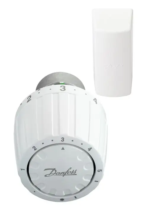 Thermostatventil von Danfoss mit Drehregler und einer Skala zur Temperatureinstellung, daneben ein Fernfühler in weißer Gehäuseausführung.