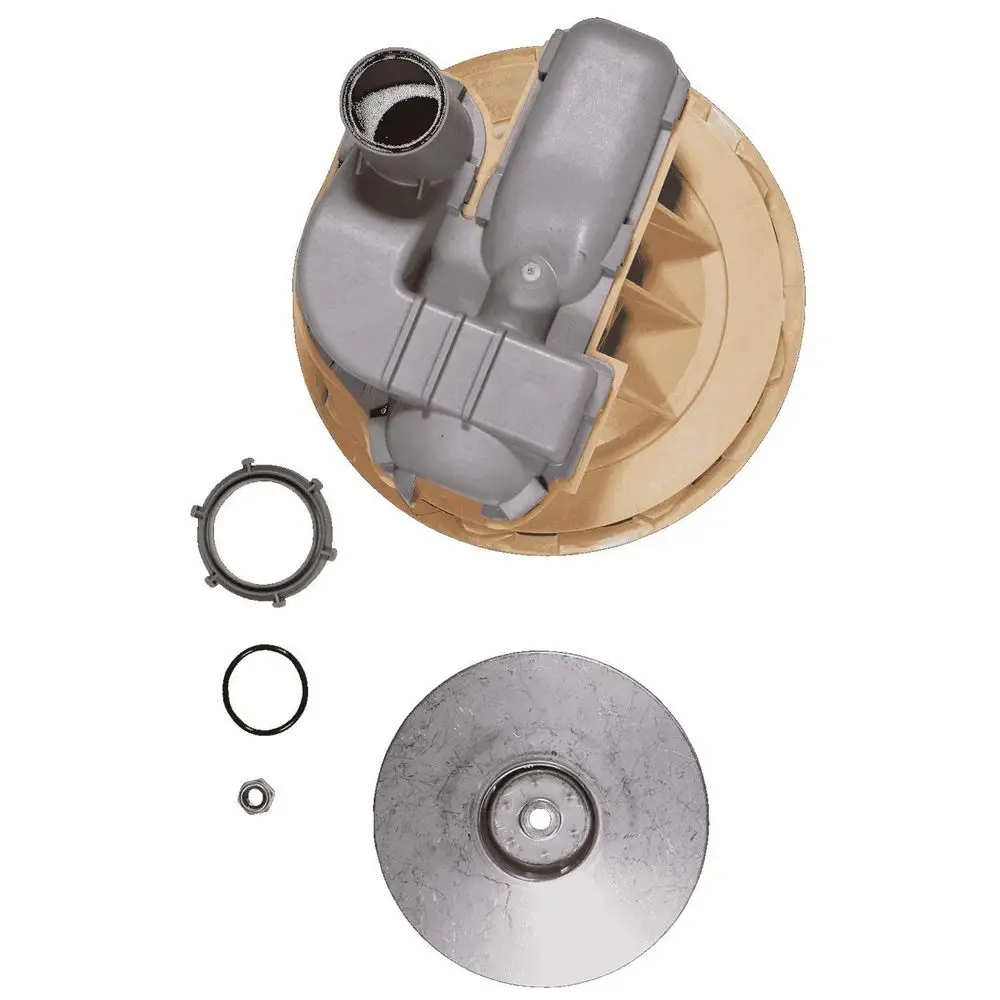 Ersatzteil-Kit von Grundfos für hydraulische Komponenten, bestehend aus einem Gehäuse, einer Scheibe, Dichtungen und weiteren Befestigungsteilen.
