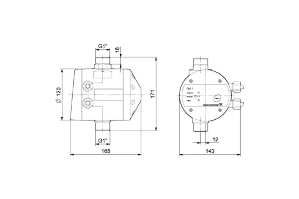 Draufsicht und Seitenansicht eines Grundfos Pressure Managers, mit Rohranschlüssen und technischen Details. Maße sind im technischen Zeichnungsstil dargestellt.