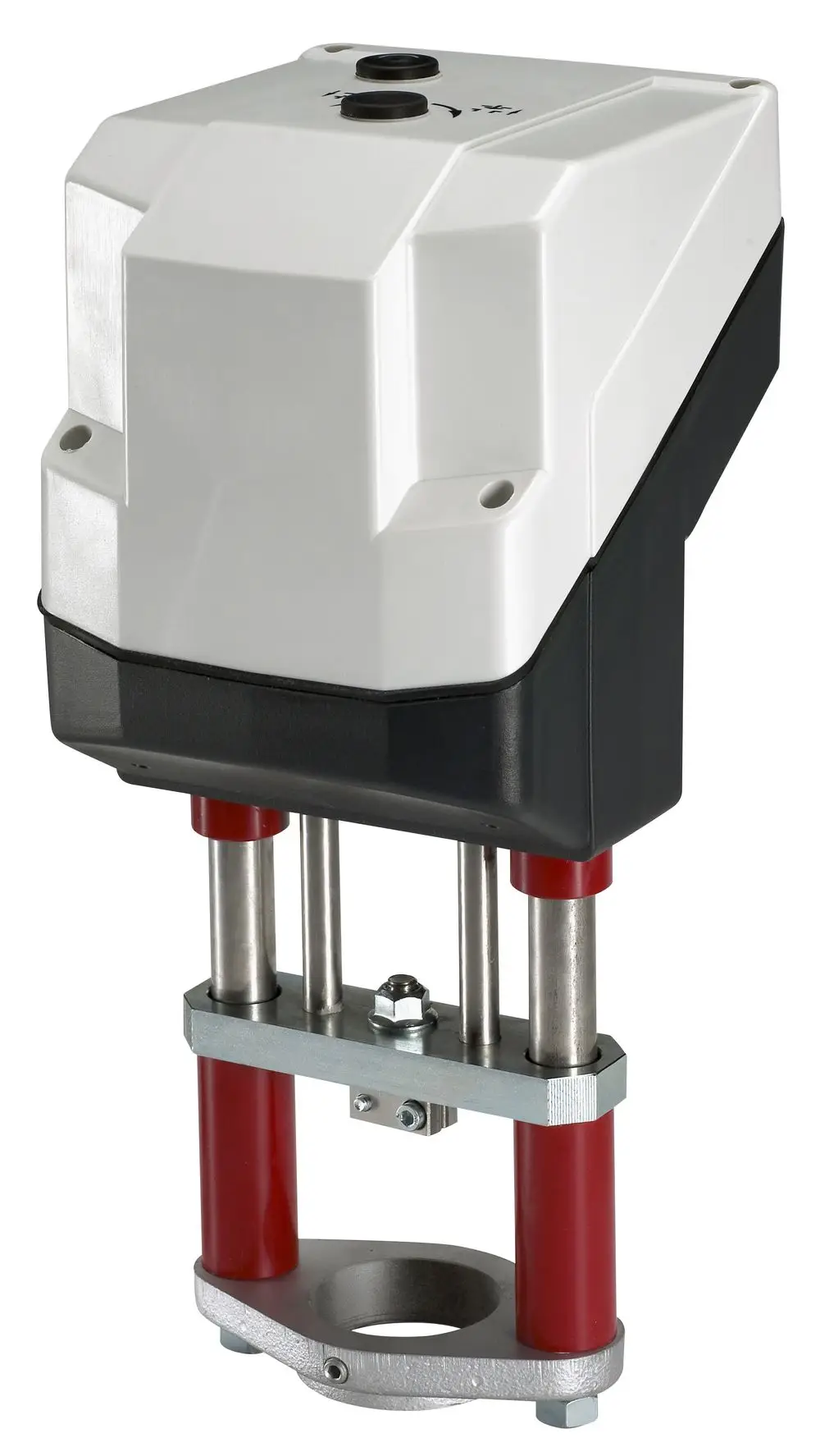 Elektrischer Stellantrieb mit zwei roten Zylindern und Metallbasis. Gehäuse in Weiß und Schwarz, gefertigt von Danfoss. Verwendet für präzise Regelungstechnik in Heizsystemen.