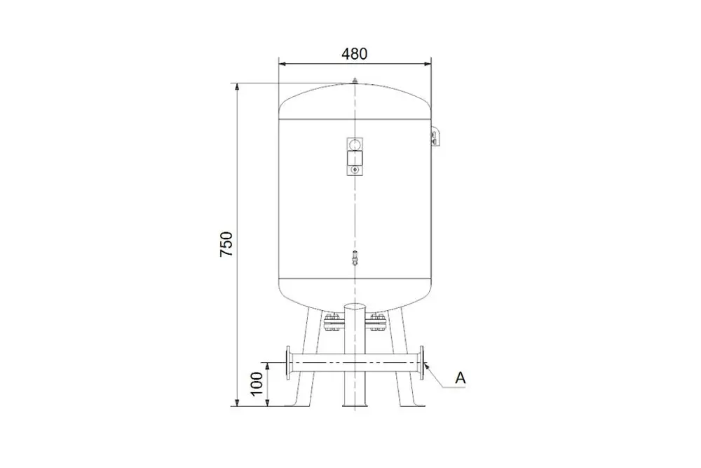 Vertikaler Druckkessel von Grundfos mit runder Form und Standbeinen, grafische Darstellung mit Abmessungen und Anschlüssen, geeignet für Druckerhöhungsanlagen.