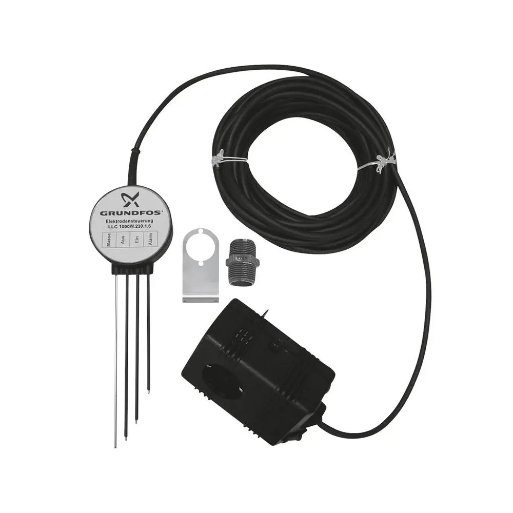 Grundfos Steuergerät mit Sensoren, verbunden durch ein Kabel. Enthalten sind auch eine Montagehalterung und ein Verbindungsstück, geeignet für Schmutz- und Abwasserpumpen.