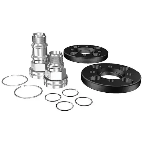 Zubehörset von Grundfos für Kreiselpumpen, bestehend aus zwei Edelstahlanschlüssen, zwei Flanschen und mehreren O-Ringen zur Verbindung und Abdichtung.