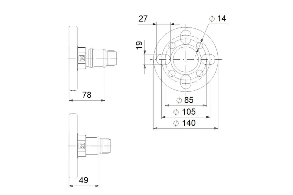 Flanschsatz von Grundfos für Kreiselpumpen mit einer runden Montageplatte, mehreren Bohrungen und einem angeschweißten Anschluss. Abmessungen sind im technischen Zeichnungsstil dargestellt.
