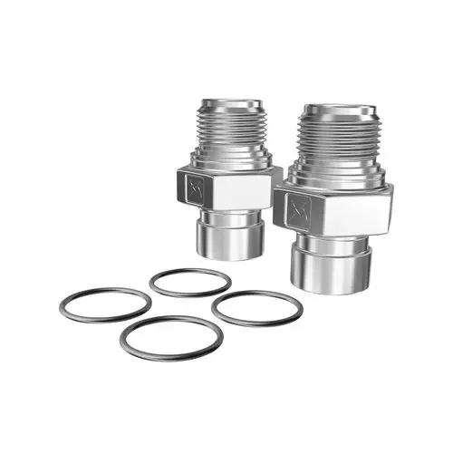 Zwei metallene Anschlussstücke mit Gewinde und unterlegten Dichtungsringen, geeignet für Grundfos Pumpensysteme.