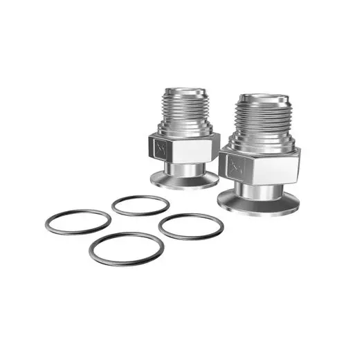 Zwei Metallflansche mit Gewinde und fünf O-Ringen, geeignet für Anwendungen mit Grundfos Kreiselpumpen.