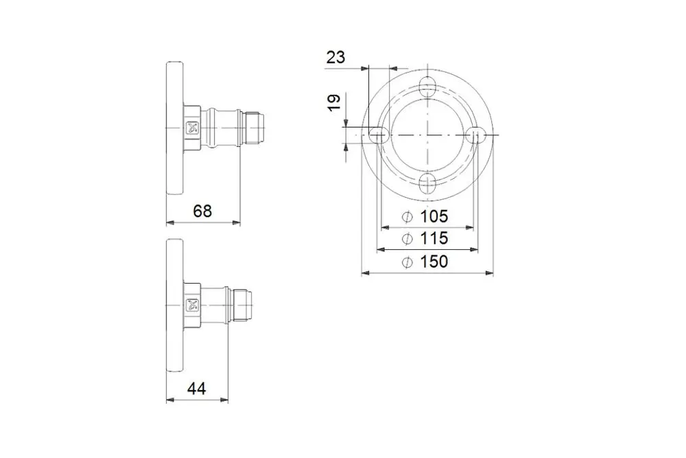 Flanschsatz von Grundfos für Kreiselpumpen mit Anschlussmöglichkeiten. Technische Zeichnung mit unterschiedlichen Maßen und Bohrungen ist abgebildet.