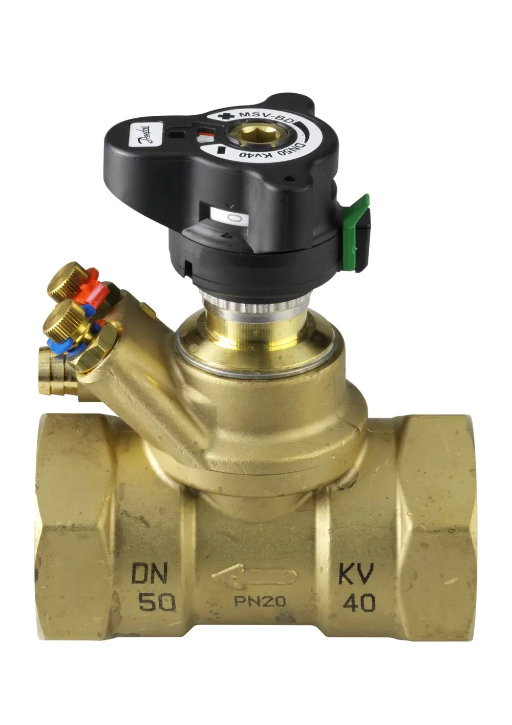 Strangregulierventil von Danfoss mit Messanschlüssen. Kompakte Bauform aus Messing, sichtbar sind farbige Anschlüsse für den Druckaufbau.