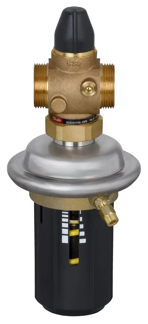 Danfoss Druckregler mit metallischem Kopf und Kunststoffgehäuse, geeignet für die Regulierung von Druck und Durchfluss in hydraulischen Systemen.