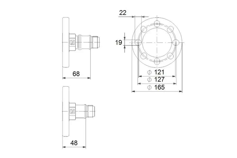 Flanschsatz von Grundfos zur Verbindung von Kreiselpumpen, mit verschiedenen Durchmessern und Abmessungen, dargestellt in technischen Zeichnungen.