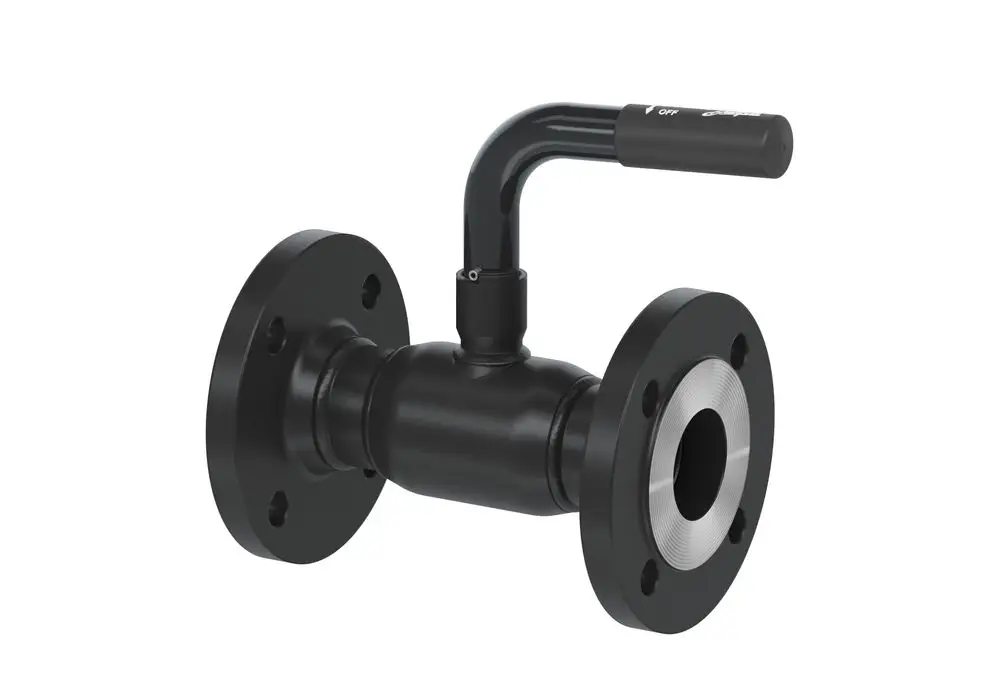 Kugelhahn von Danfoss mit einer manuellen Betätigung. Ausführung mit Flanschen zur Rohrverbindung, geeignet für verschiedene Anwendungen in der Fluidtechnik.