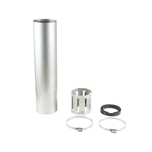 Grundfos Zubehörset für Unterwasserpumpen, bestehend aus einem langen Metallrohr, einem Behälter, zwei Metallbändern und einem schwarzen Gummiring.