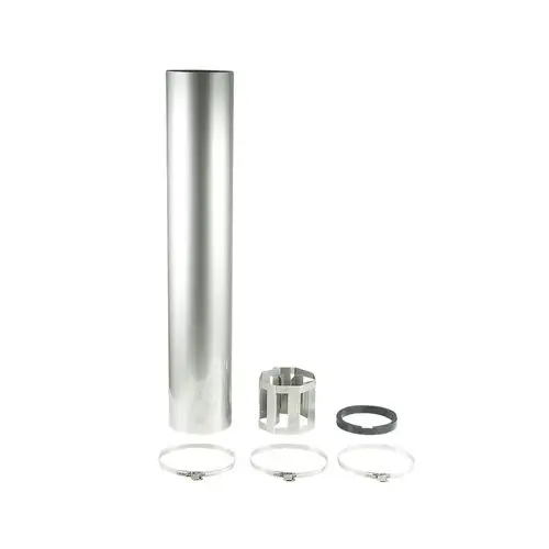 Zubehörset von Grundfos für Unterwasserpumpen, bestehend aus einem langen silbernen Metallrohr, einem Gitterelement, einer Dichtung und mehreren Schlauchschellen.