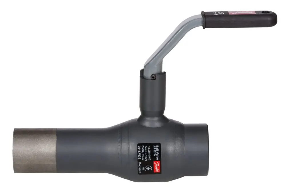 Kugelhahn mit T-Griff und seitlicher Arm, hergestellt von Danfoss. Der Hahn hat eine graue Oberfläche und eine Anschlussöffnung an einem Ende.