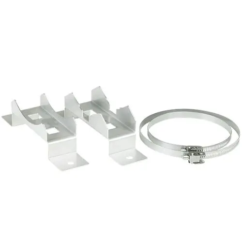 Montageset von Grundfos für Unterwasserpumpen, bestehend aus zwei Halterungen und einem Befestigungsband. Die Teile sind aus Metall gefertigt und haben eine schlichte, funktionale Form.