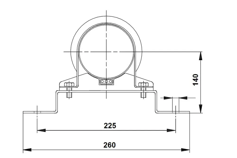Auflageschellensatz für Grundfos Unterwasserpumpen, bestehend aus zwei Halterungen zur Befestigung, zeigt spezifische Maße und Montagepunkte in technischer Zeichnung.