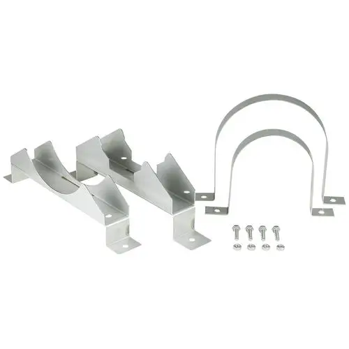 Zwei Auflageschellen aus Metall, zusammen mit Schrauben, für die Montage von Unterwasserpumpen der Marke Grundfos.