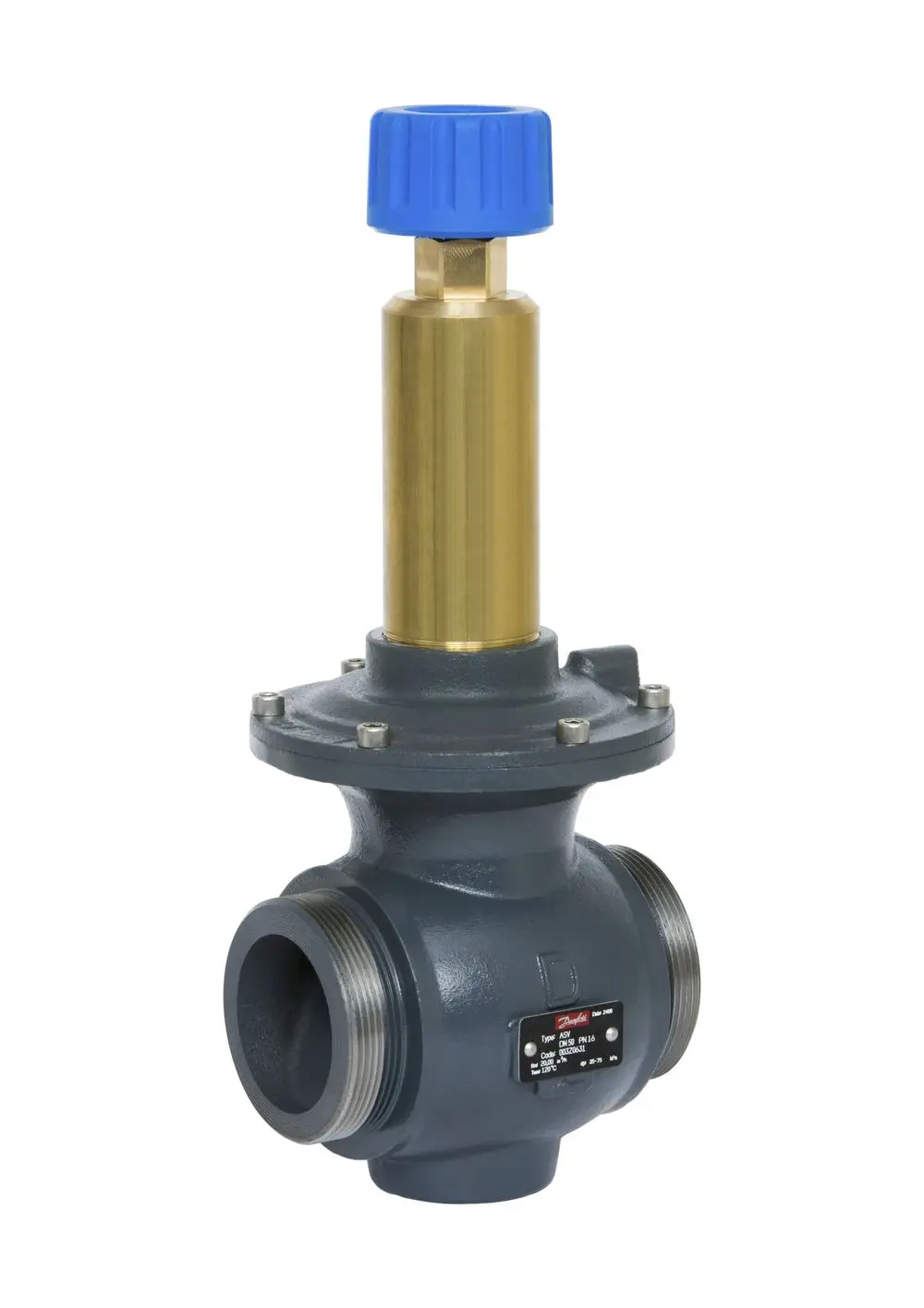 Danfoss Druckregler mit runder, blauer Einstellkappe und grauem Gehäuse. Anschlüsse für Rohrleitungen sind an beiden Seiten sichtbar.