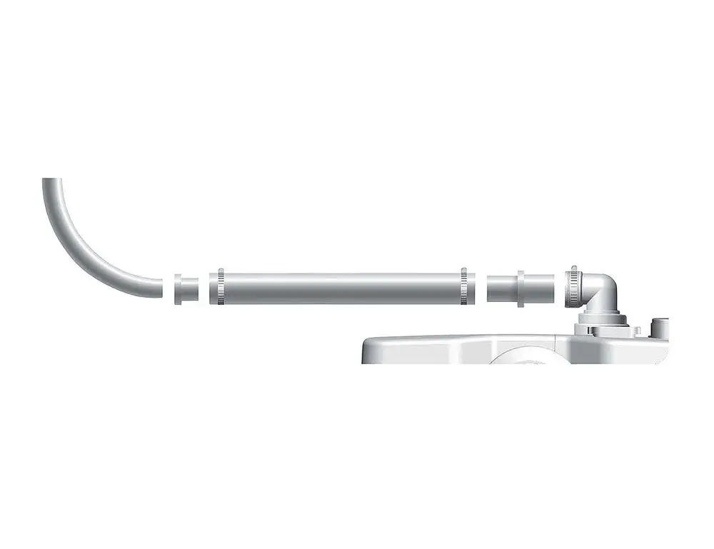 Rohrsystem und Verbindungselemente aus Kunststoff für Abwasseranwendungen, typisch für Grundfos Produkte, offensichtlich im Austausch-Kit für eine Pumpeninstallation.
