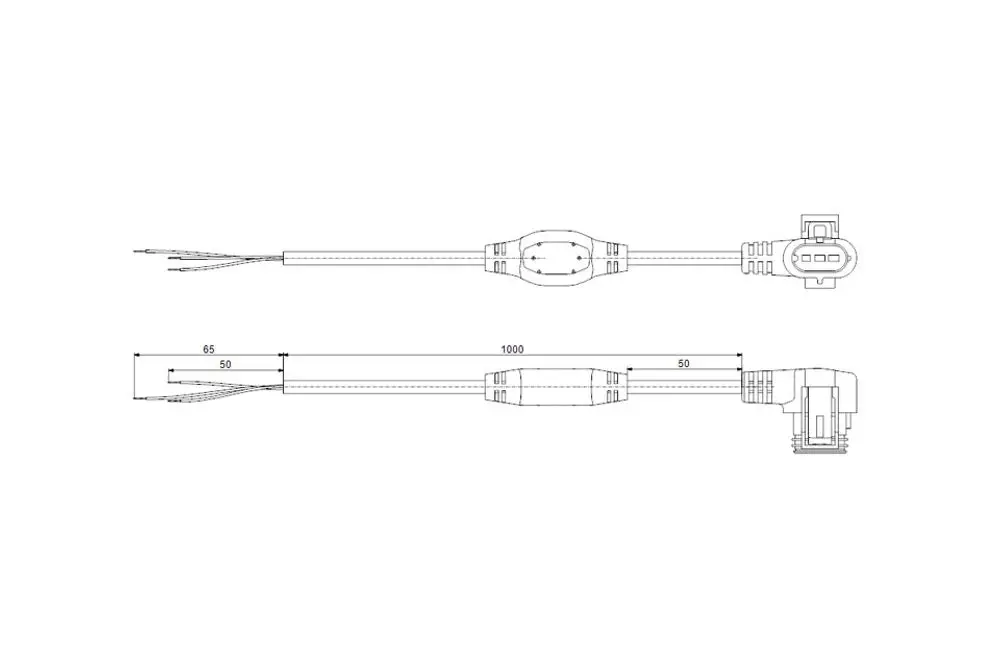 Grundfos Zubehör für Umwälzpumpen, bestehend aus einem Kabel mit Winkelstecker, dargestellt in technischen Zeichnungen mit klaren Abmessungen.