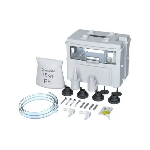Zubehörset von Grundfos für eine Kondensathebeanlage, bestehend aus einem Behälter, Granulat, Schläuchen und Verbindungselementen, für die pH-Neutralisation.