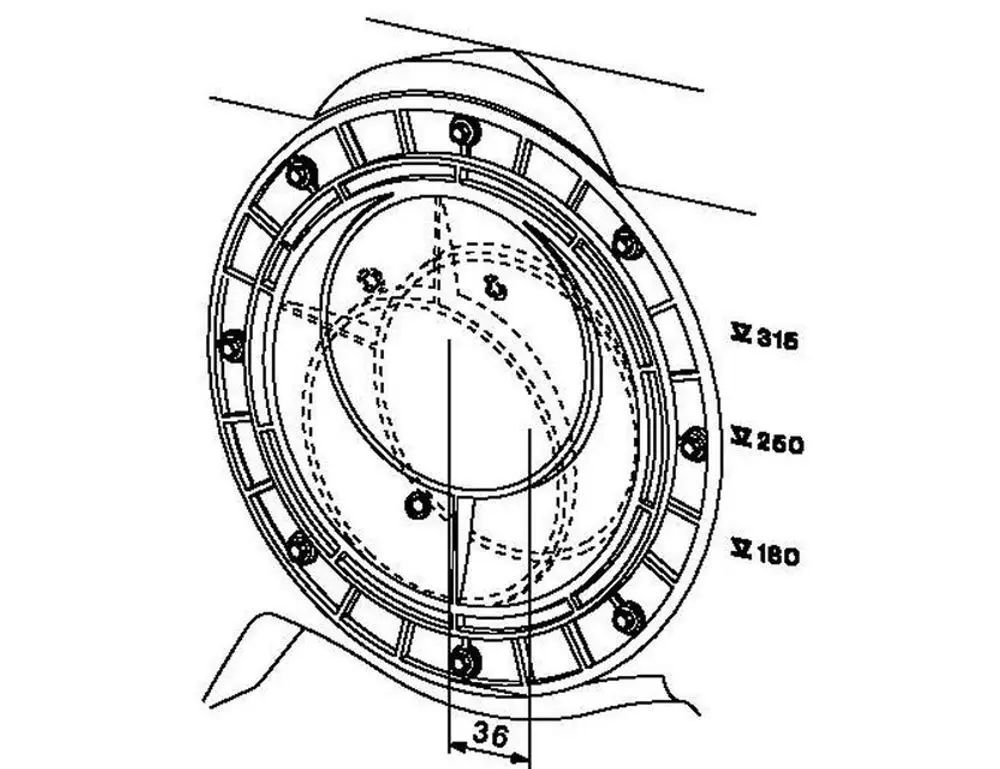 Technische Zeichnung eines Zubehörteils von Grundfos, das einen Austausch-Drehflansch zeigt, mit markierten Befestigungspunkten und Abmessungen in einem schematischen Diagramm.