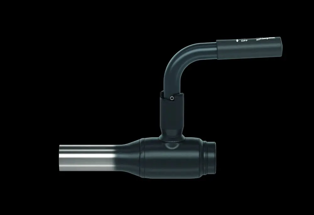 Kugelhahn in schwarz mit T-Griff und abgerundetem Ende, gefertigt von Danfoss. Das Produkt zeigt eine drehbare Konstruktion zur Regulierung des Flüssigkeitsflusses.