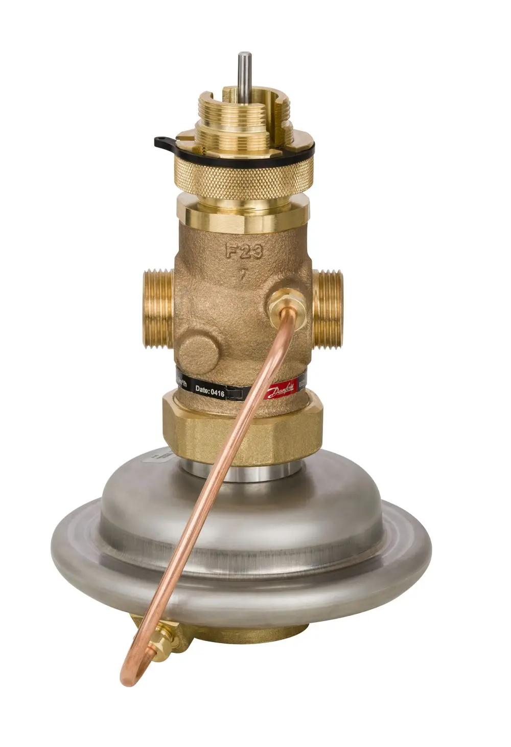 Danfoss Regelventil mit metallischem Gehäuse, seitlichem Anschluss und Kupferrohr, geeignet zur Durchflussregelung.