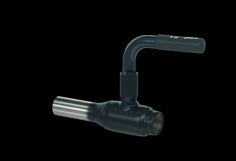 Kugelhahn aus schwarzem Metall mit einem abgewinkelten Handgriff. Der Anschluss ist für Innengewinde ausgelegt. Produkt von Danfoss.